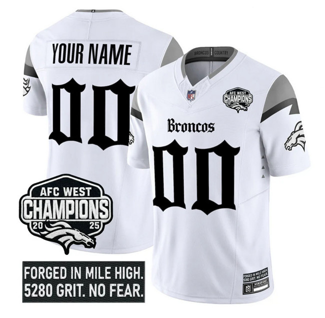 Men's Denver Broncos Active Player Custom White F.U.S.E 2025 Afc West Champions Patch ‘Gothic Mile High Shadows Edition’ Vapor Limited Stitched Football Jersey Men's Denver Broncos Active Player Custom White F.U.S.E 2025 Afc West Champions Patch ‘Gothic Mile High Shadows Edition’ Vapor Limited Stitched Football Jersey